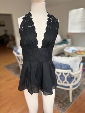 Catherine Malandrino Black Eyelet Halter Top